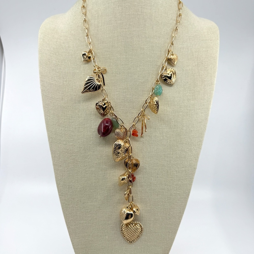 Gold Tone Boho Charm Necklace with Hearts & Leaves - Y2K Layering Jewelry